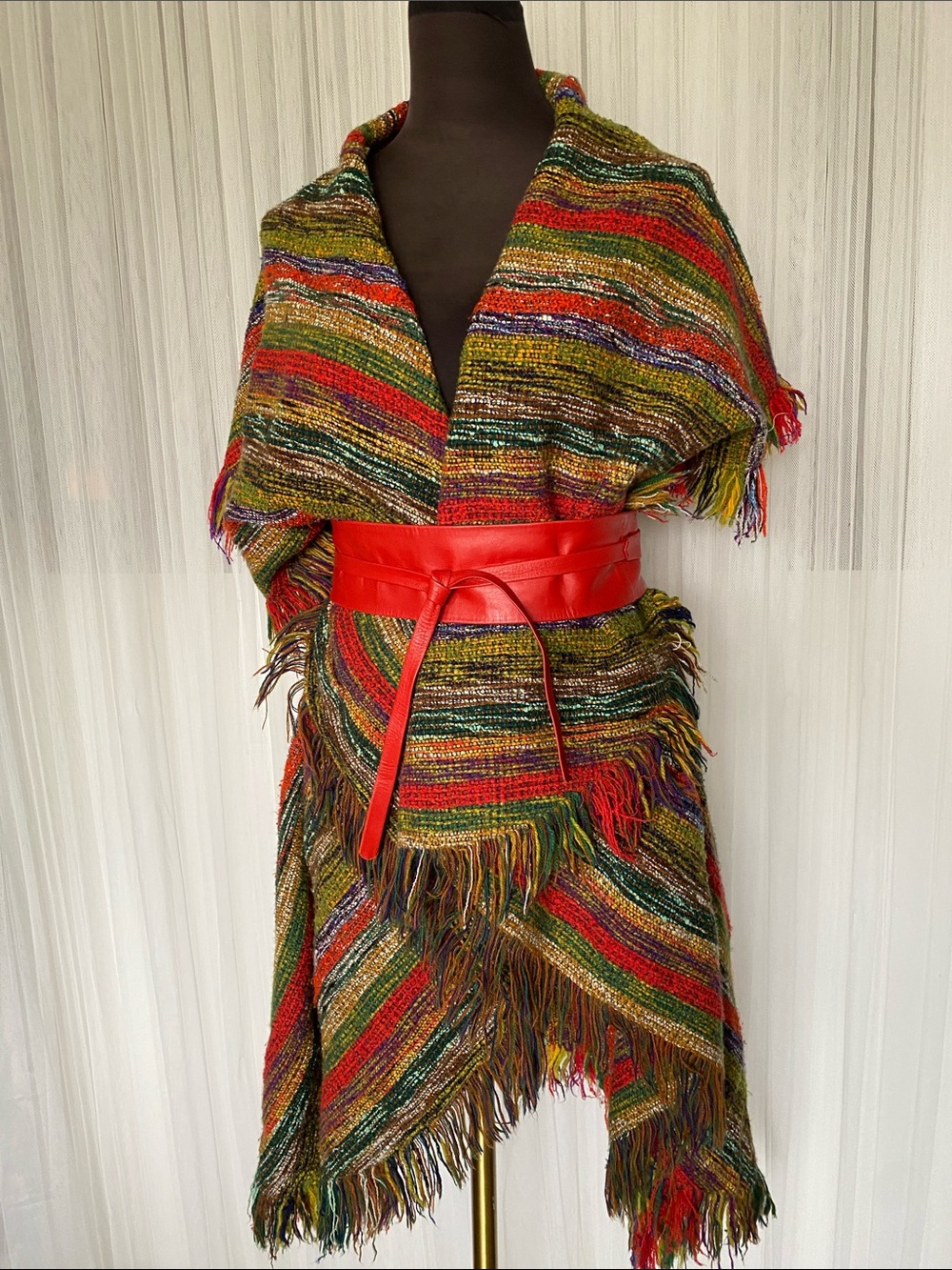 Multicolor Striped Fringe Wrap Poncho Coatigan - 100% Wool Women One Size